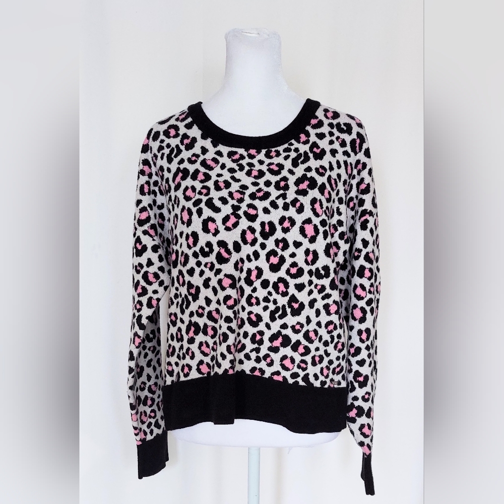 DKNY Crewneck Leopard Print Sweater Pink Black Size Medium